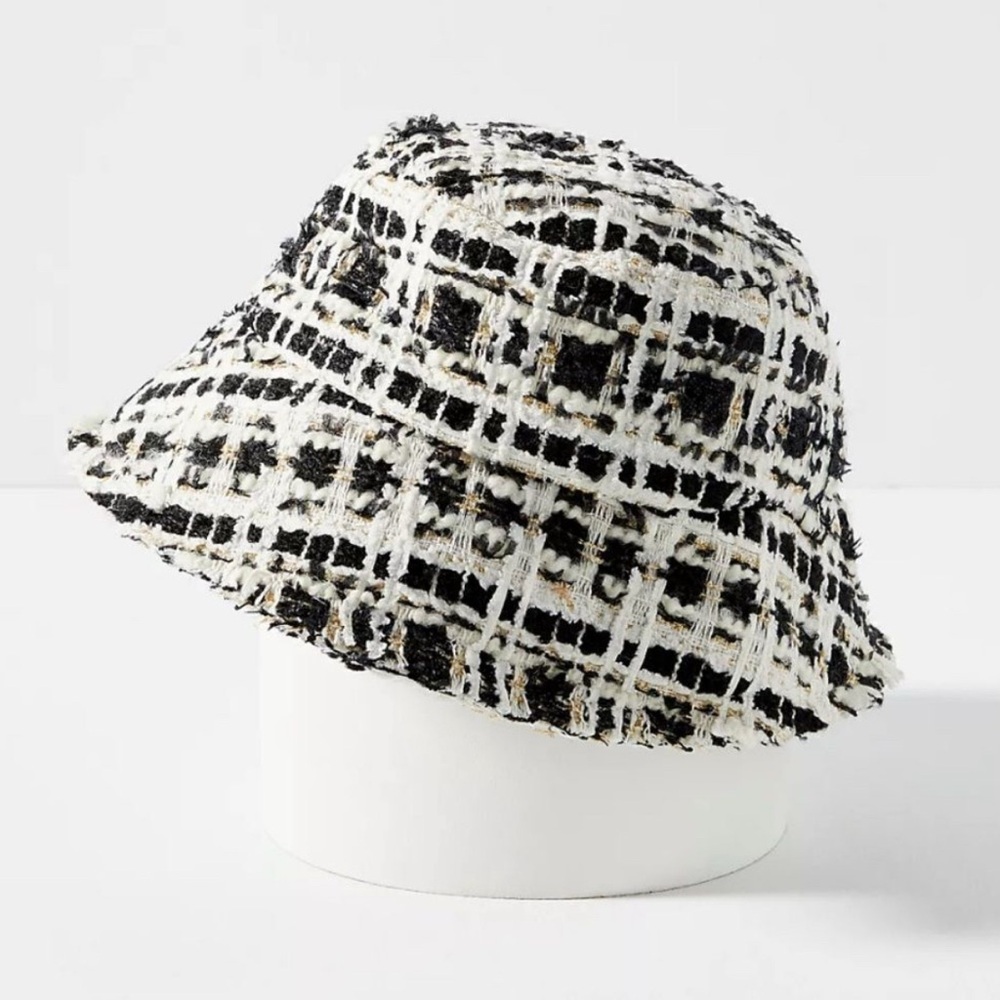 Anthropologie OS Plaid Tweed Bucket hat with Black White Metallic Lurex Gold - Picture 3 of 8